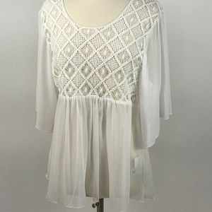 Sheer ivory ruffled sleeve blouse. XL